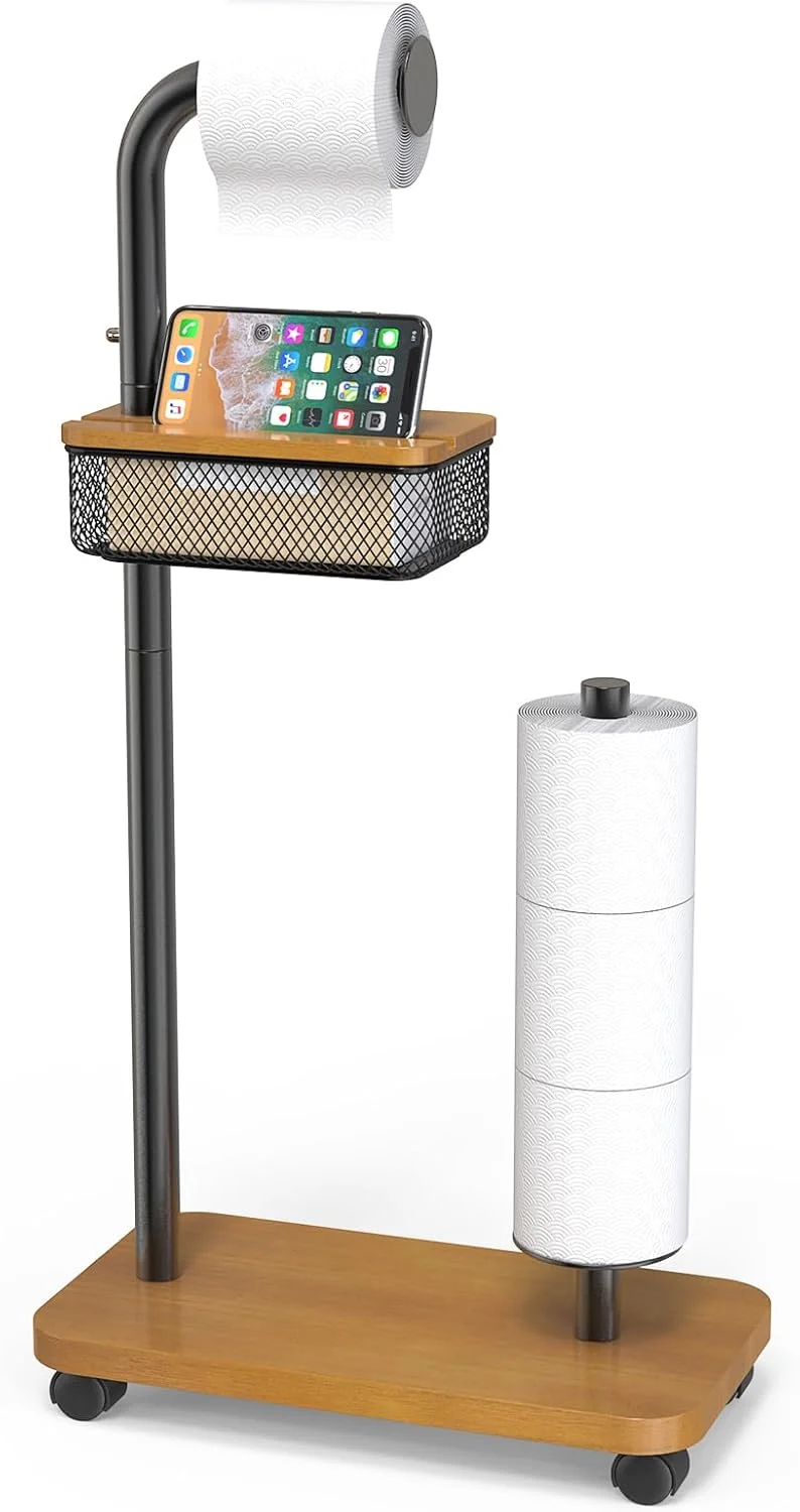 پایه نگهدارنده دستمال توالت با قفسه تلفن و چرخ - نگهدارنده دستمال توالت ایستاده، ظرفیت 4 رول - سازمان دهنده و لوازم نگهداری حمام، هدیه مناسب برای خانه نویی