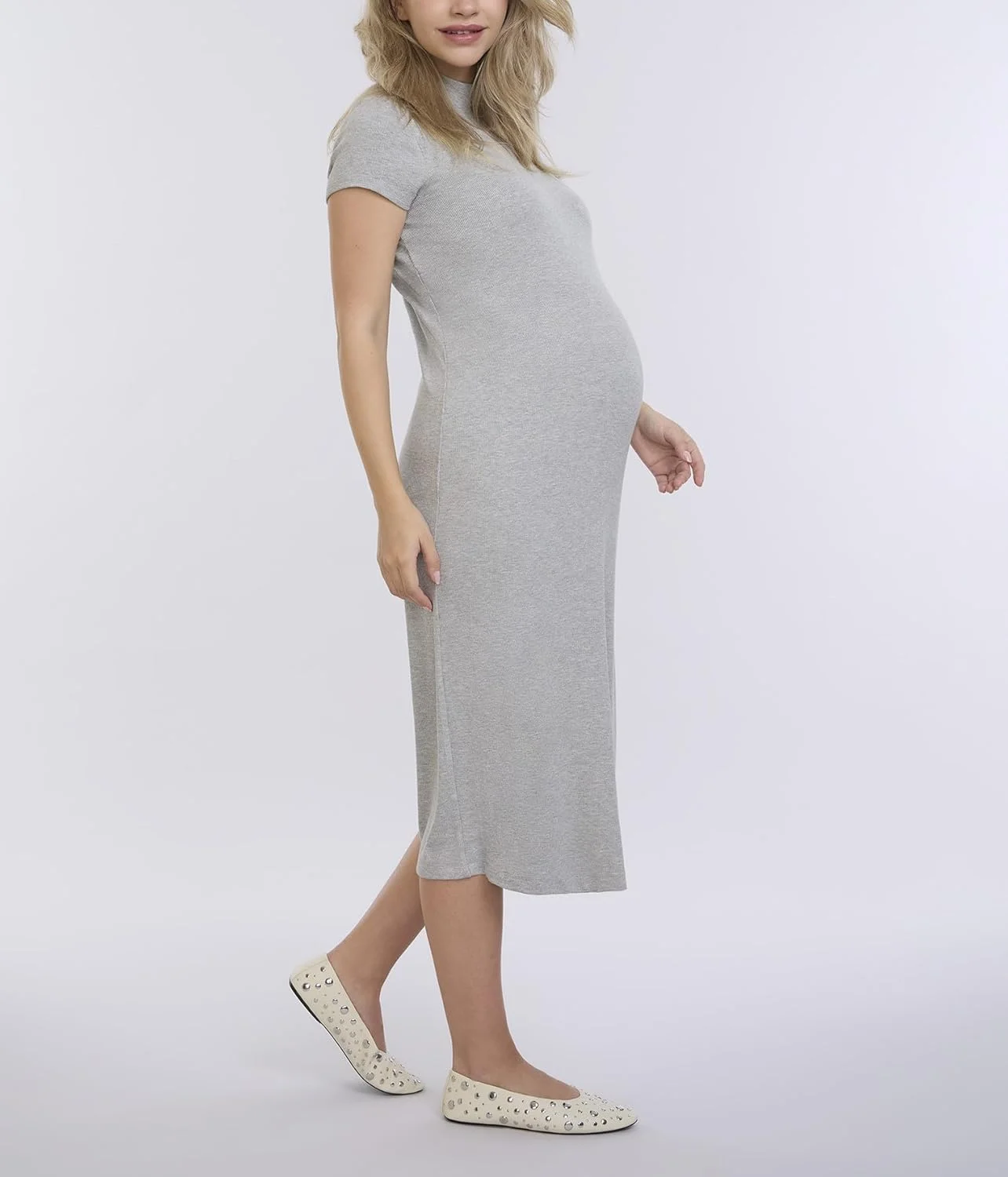 لباس بارداری زنانه Motherhood مدل یقه ایستاده بافتنی دنده ای میدی بادی‌کان، مناسب استفاده روزمره