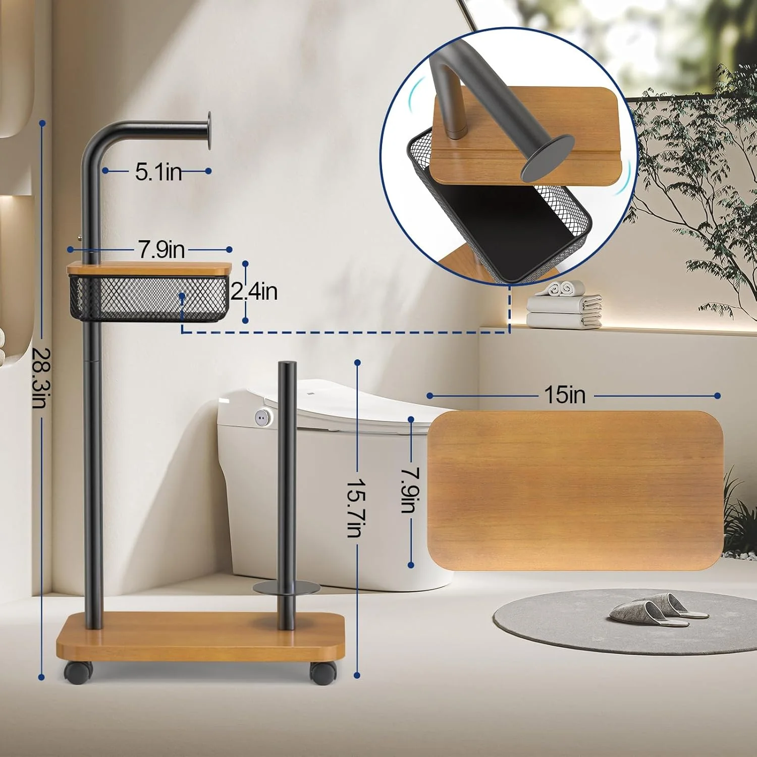 پایه نگهدارنده دستمال توالت با قفسه تلفن و چرخ - نگهدارنده دستمال توالت ایستاده، ظرفیت 4 رول - سازمان دهنده و لوازم نگهداری حمام، هدیه مناسب برای خانه نویی