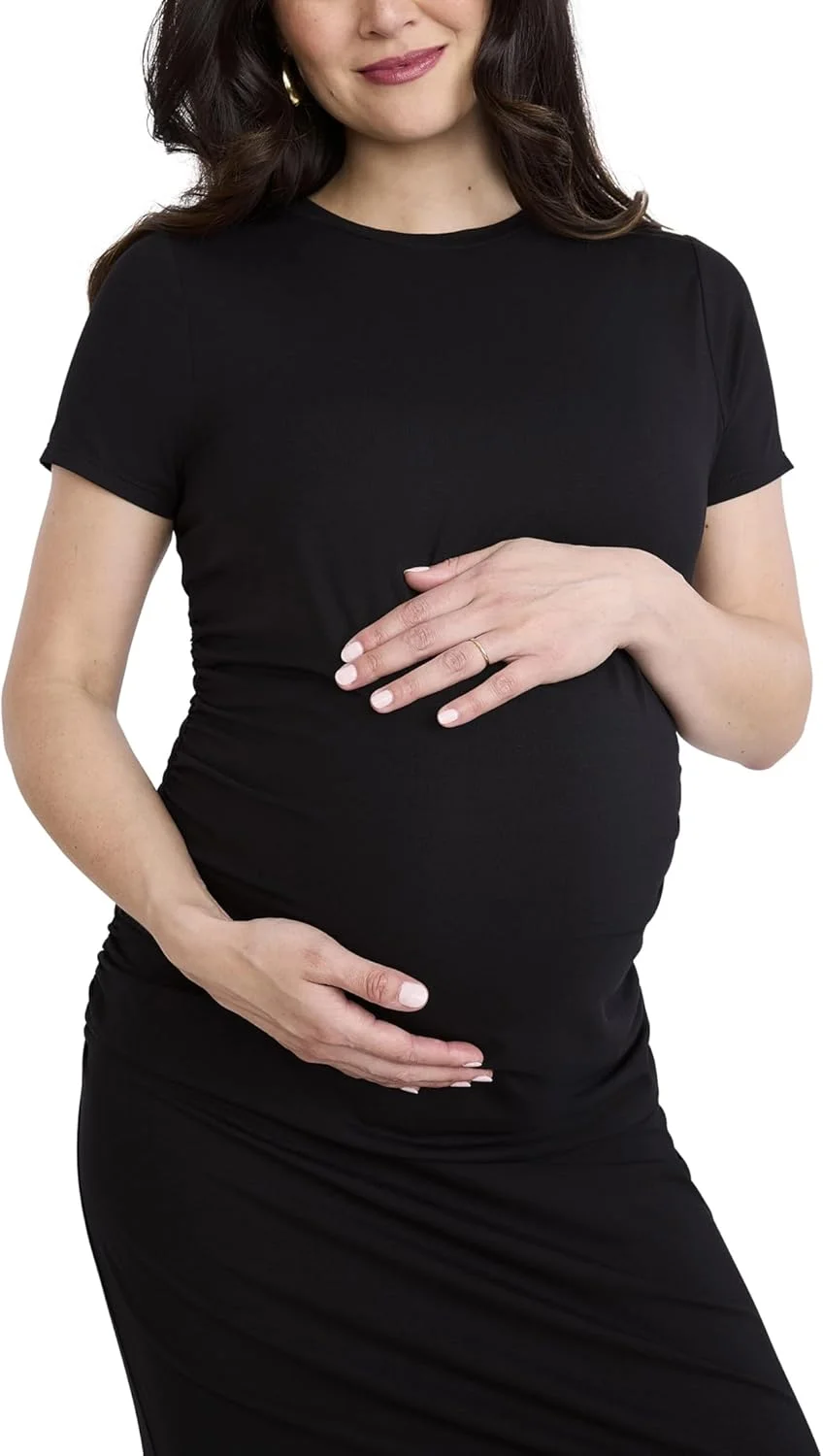 لباس بارداری زنانه Motherhood Maternity، یقه گرد، آستین کوتاه، مدل جذب و مینی با چین‌دار کردن پهلو، مناسب استفاده روزمره