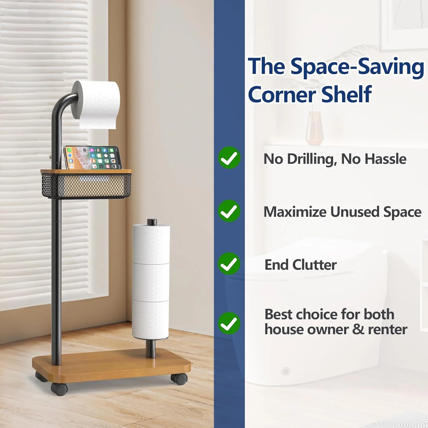 پایه نگهدارنده دستمال توالت با قفسه تلفن و چرخ - نگهدارنده دستمال توالت ایستاده، ظرفیت 4 رول - سازمان دهنده و لوازم نگهداری حمام، هدیه مناسب برای خانه نویی