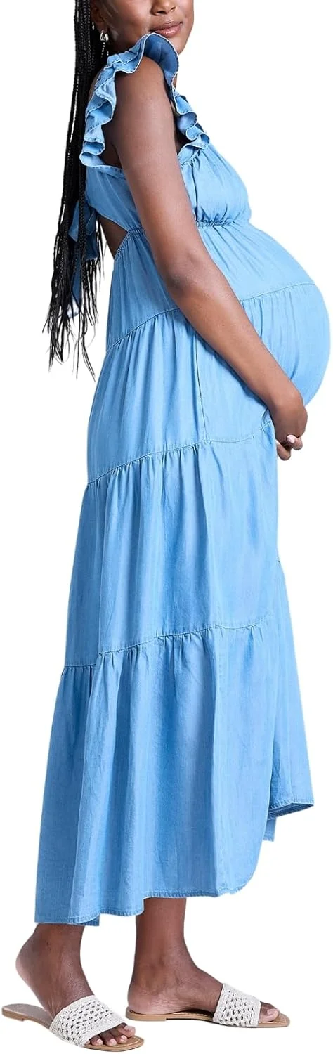 لباس بارداری ماکسی زنانه مدل V-neck آستین چین‌دار و بنددار Motherhood MATERNITY