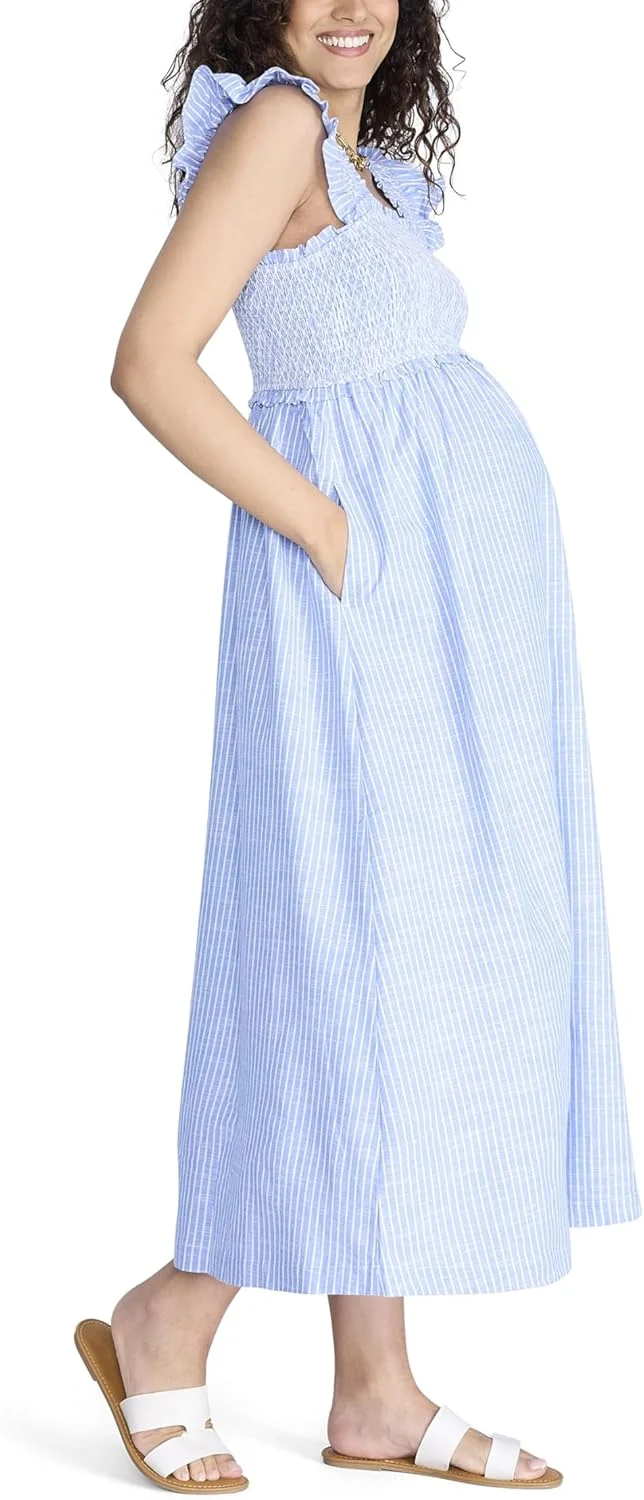 لباس بارداری ماکسی بدون آستین زنانه Motherhood MATERNITY با سرشانه چین دار و مدل اسماک، مناسب برای استفاده روزمره