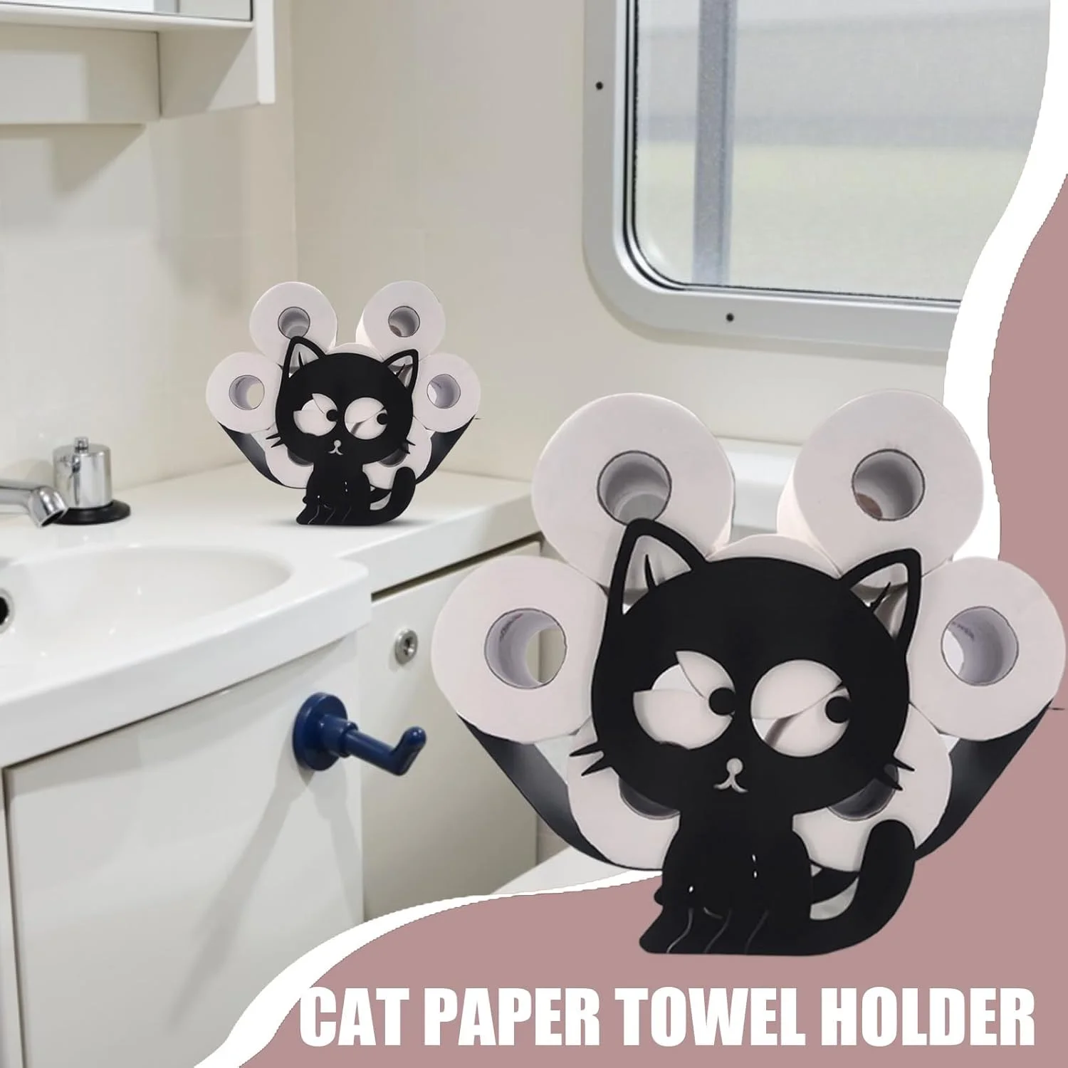 پایه نگهدارنده دستمال توالت، پایه نگهدارنده رول توالت - سازمان دهنده فلزی طرح گربه خلاقانه برای سرویس بهداشتی، حمام مهمان، خانه ساحلی، خانه روستایی، کلبه