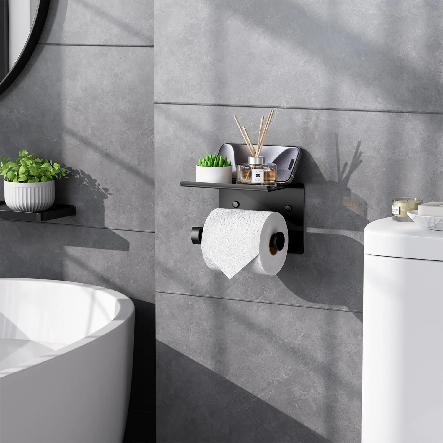 نگهدارنده دستمال توالت با قفسه تلفن، نگهدارنده رول دستمال کاغذی با قابلیت نصب چسبی یا پیچ، ضد زنگ و چند منظوره، از جنس استیل ضد زنگ (مشکی مات)