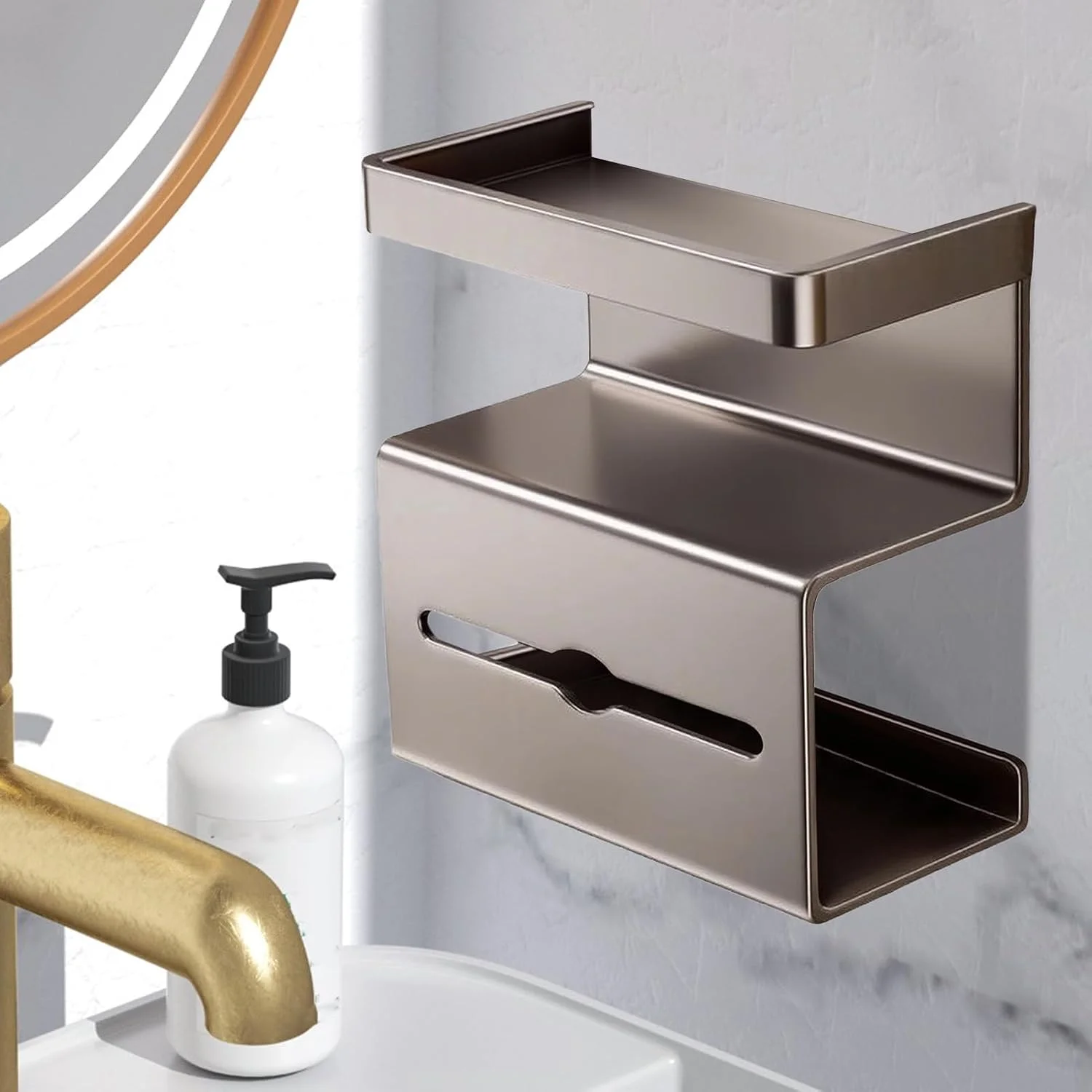 جا دستمال توالت با قفسه تلفن - جا دستمال توالت بدون سوراخ کاری با قفسه | پایه مدرن صرفه جویی در فضا برای سرویس بهداشتی، کاروان، حمام مهمان، آپارتمان و خانه