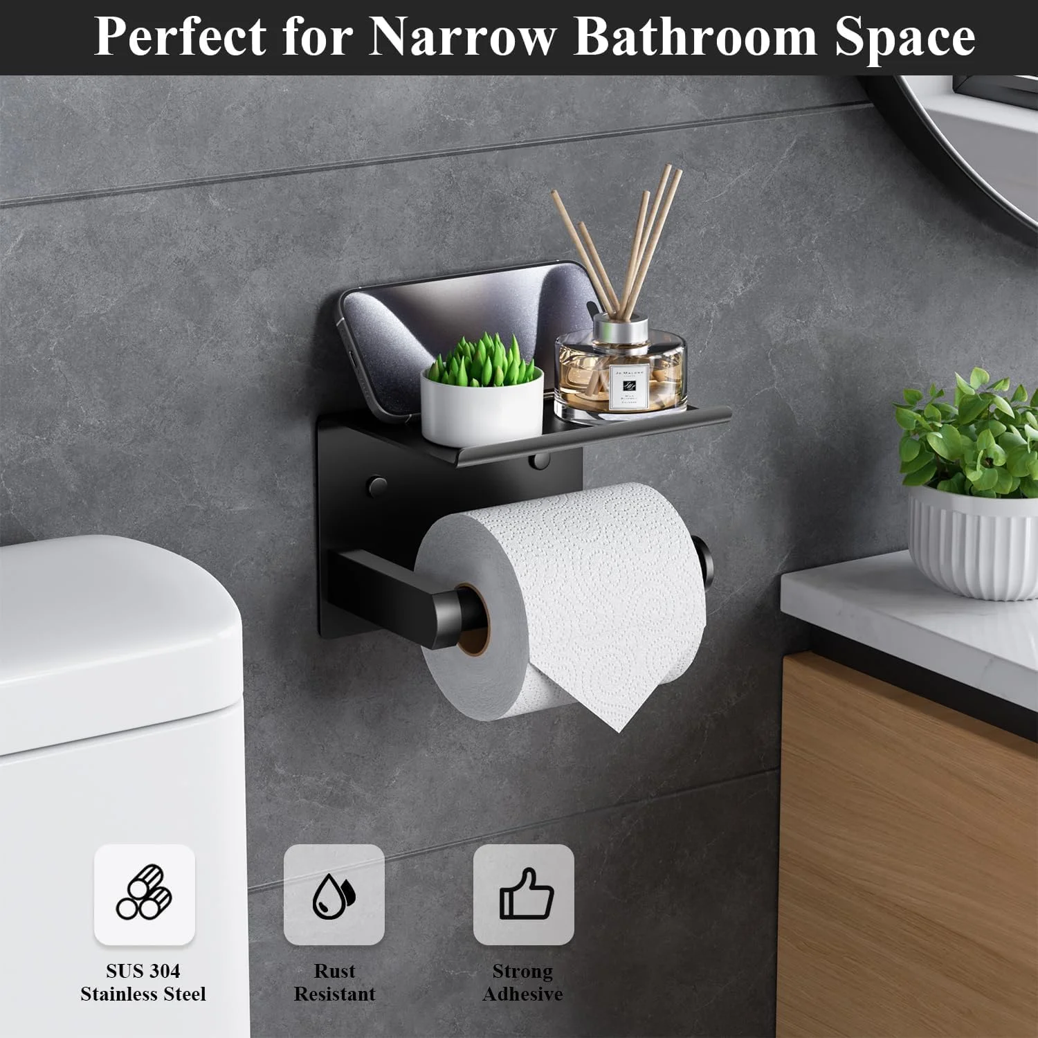 نگهدارنده دستمال توالت با قفسه تلفن، نگهدارنده رول دستمال کاغذی با قابلیت نصب چسبی یا پیچ، ضد زنگ و چند منظوره، از جنس استیل ضد زنگ (مشکی مات)