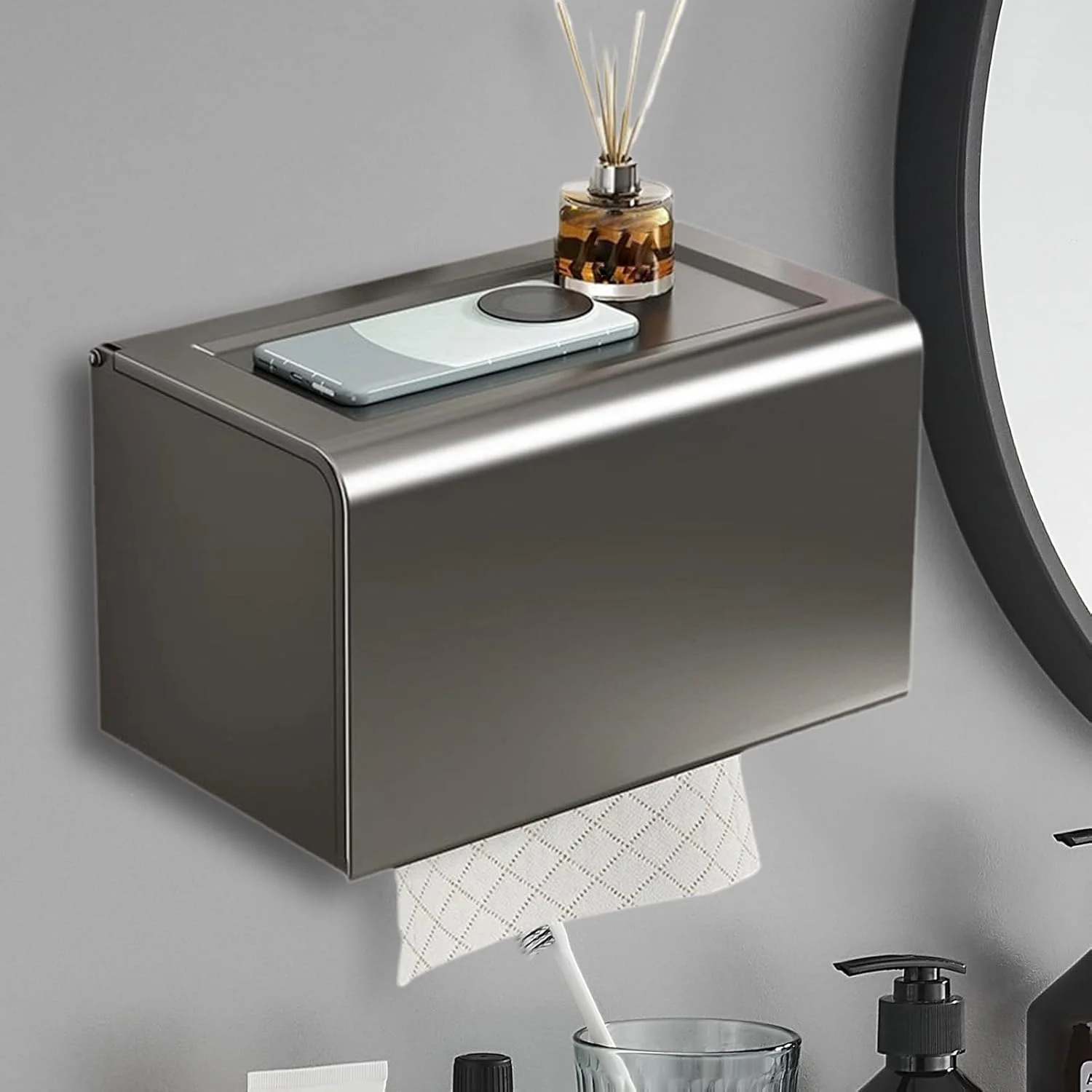 جا دستمال کاغذی توالت - جا دستمال کاغذی توالت مدرن، جعبه نگهدارنده دستمال کاغذی آلومینیومی ضد زنگ، نصب دیواری بدون نیاز به سوراخ کاری، مناسب برای حمام و آشپزخانه