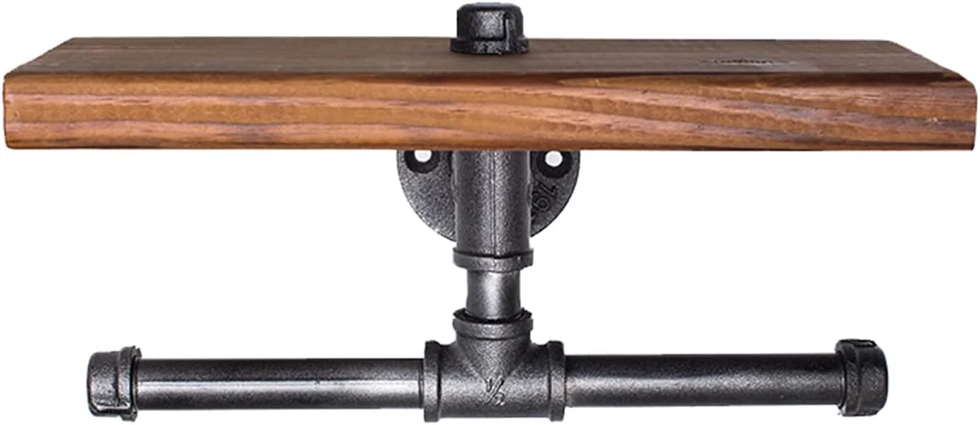 Toilet paper holder LIU- Industrial Style Double with Shelf Rustic Wall-mounted Tissue Roll for Kitchen Bathroom Washroom Decor