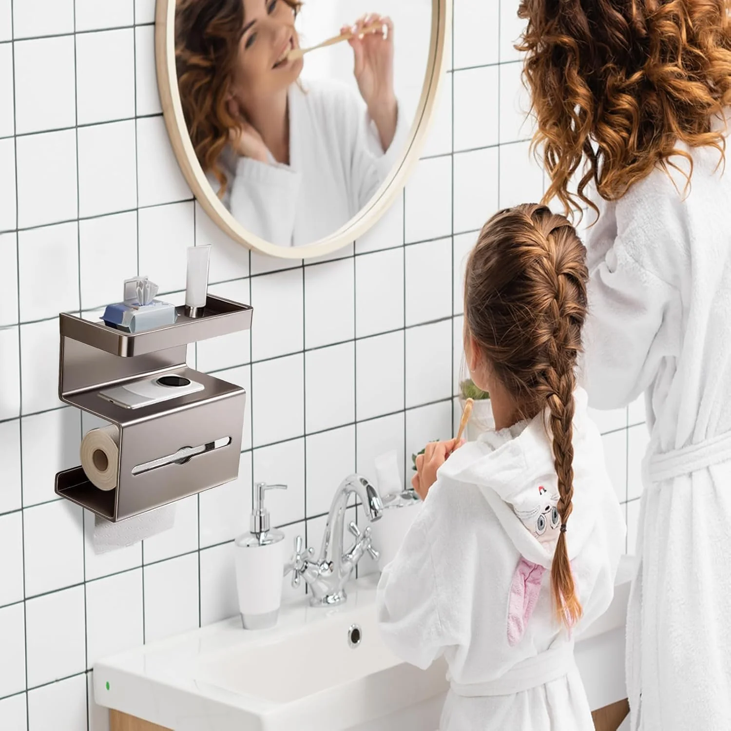نگهدارنده دستمال توالت دیواری با قفسه | بدون نیاز به سوراخکاری - قفسه مدرن و کم جا برای خانه، کاروان، حمام مهمان، اتاق پودر و محیط های تجاری