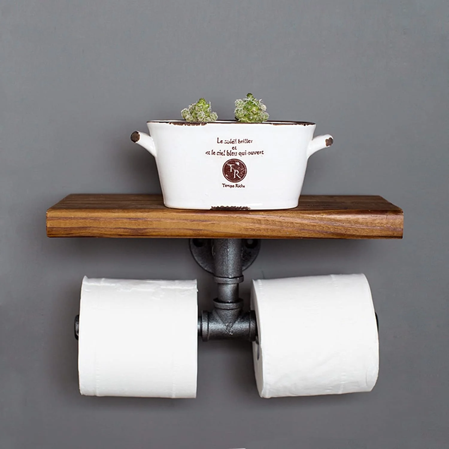 Toilet paper holder LIU- Industrial Style Double with Shelf Rustic Wall-mounted Tissue Roll for Kitchen Bathroom Washroom Decor