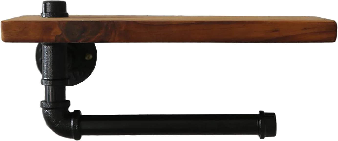 جا دستمال کاغذی مدل LIU - دستمال توالت آهنی طرح صنعتی قدیمی با قفسه چوبی، مناسب دکوراسیون دیوار حمام هتل و خانه های روستایی