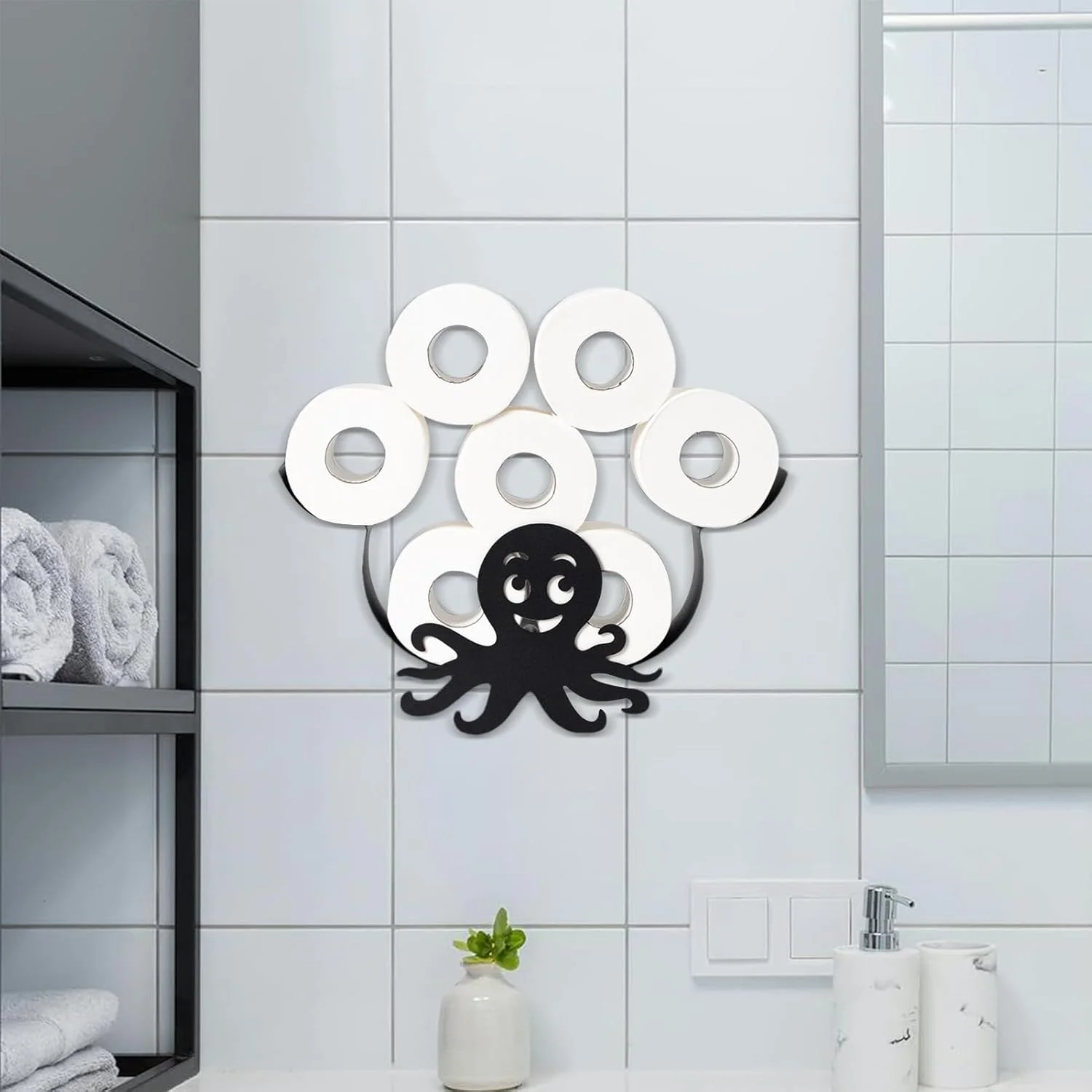 Toilet Paper Holder Funny - Octopus Design Tissue Paper Holder for Bathroom - Storage Stand Roll Tissue Organizer for Farmhouse Home Bathroom Small Space RV Restroom Wall