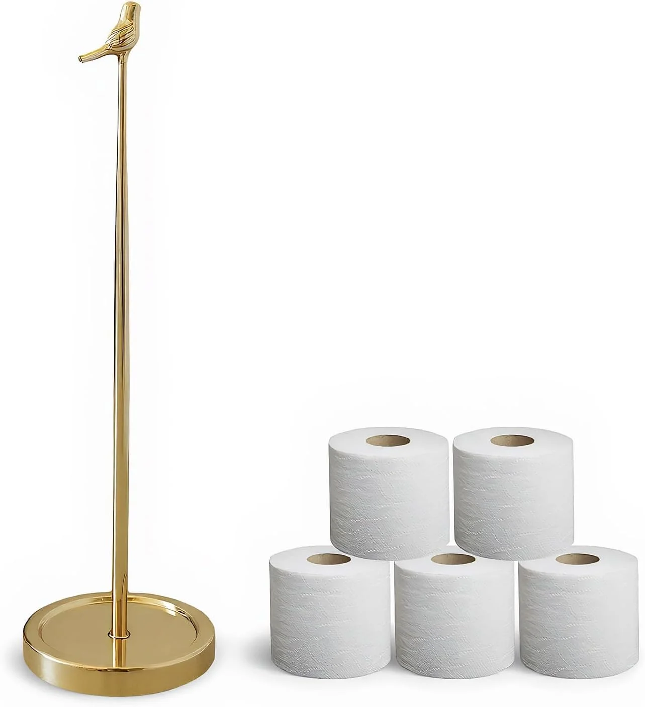 پایه نگهدارنده رول دستمال توالت با ظرفیت 4 رول، نگهدارنده TP ایستاده طرح پرنده، محل نگهداری رول - طلایی