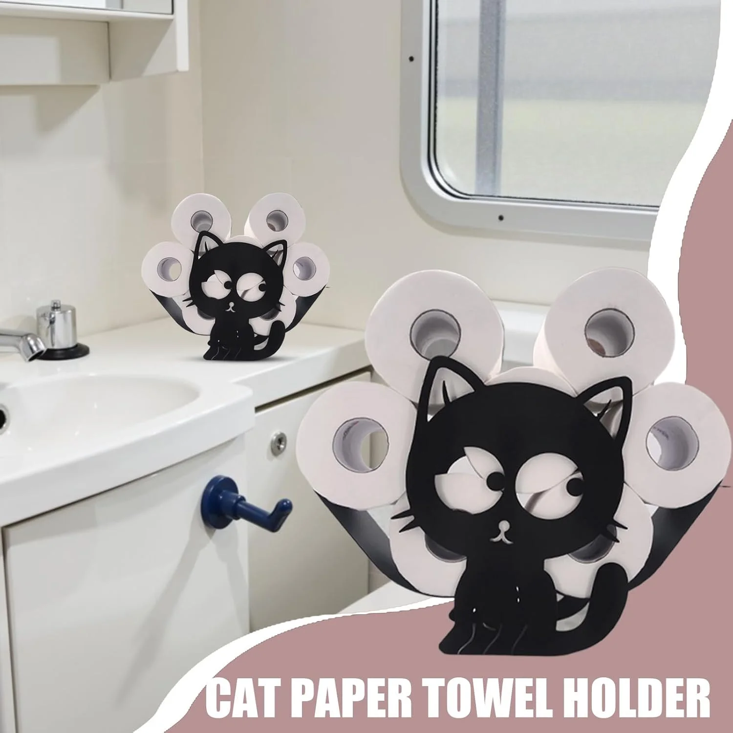 جا دستمال کاغذی طرح گربه | جا حوله کاغذی حیوانات خنده دار - پخش کننده تزئینی و خلاقانه برای استفاده بهداشتی در آشپزخانه، حمام، پیشخوان، کلبه، فضاهای کوچک، خانه های روستایی