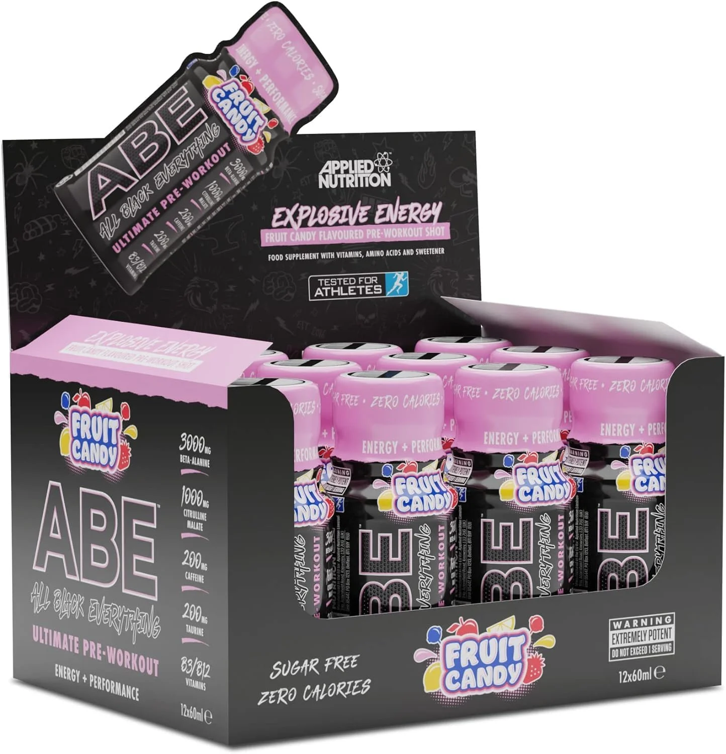 شات پیش از تمرین ABE اپلاید نوتریشن - شات های انرژی پیش از تمرین All Black Everything، عملکرد فیزیکی با سیترولین، بتا آلانین، کافئین (جعبه 12 عددی x 60 میلی لیتر) (آبنبات میوه ای)