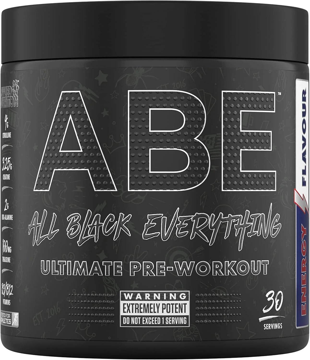 پودر مکمل قبل از تمرین Applied Nutrition ABE All Black Everything برای انرژی و عملکرد فیزیکی، حاوی سیترولین، کراتین، بتا آلانین، کافئین و کمپلکس ویتامین B (30 سروینگ، طعم انرژی)