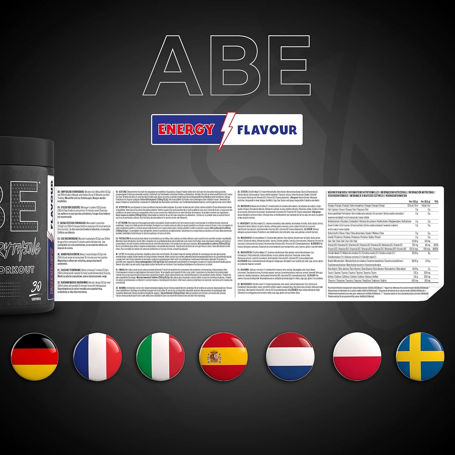 پودر مکمل قبل از تمرین Applied Nutrition ABE All Black Everything برای انرژی و عملکرد فیزیکی، حاوی سیترولین، کراتین، بتا آلانین، کافئین و کمپلکس ویتامین B (30 سروینگ، طعم انرژی) پودر مکمل قبل از تمرین Applied Nutrition ABE All Black Everything برای انرژی و عملکرد فیزیکی، حاوی سیترولین، کراتین، بتا آلانین، کافئین و کمپلکس ویتامین B (30 سروینگ، طعم انرژی)