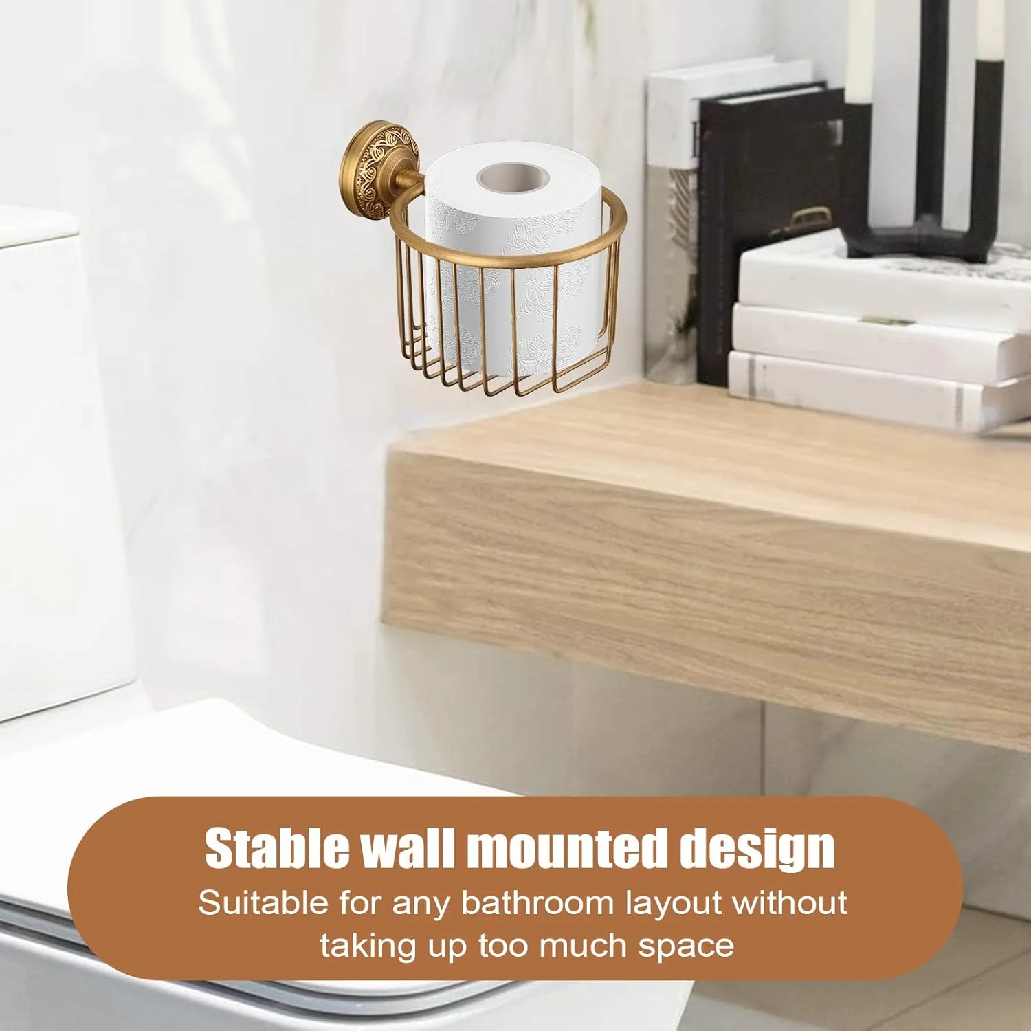 جا دستمال کاغذی توالت برنجی - جا دستمال کاغذی رولی برنجی دیواری | قفسه دستمال کاغذی روستایی و قدیمی برای دکوراسیون حمام خانه آپارتمان خوابگاه