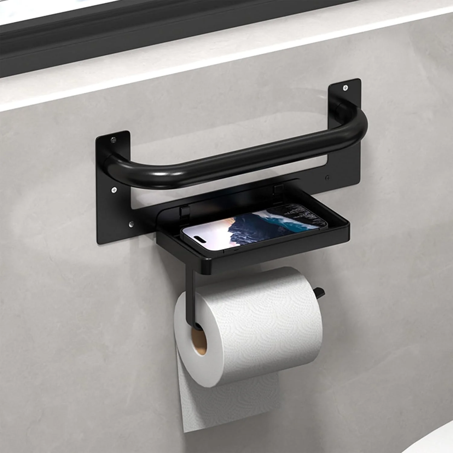نگهدارنده کاغذ توالت با میله کمکی - دستگیره ایمنی حمام مشکی مات، نصب دیواری با نگهدارنده رول توالت و قفسه، میله کمکی با تحمل وزن 136 کیلوگرم برای وان و دوش