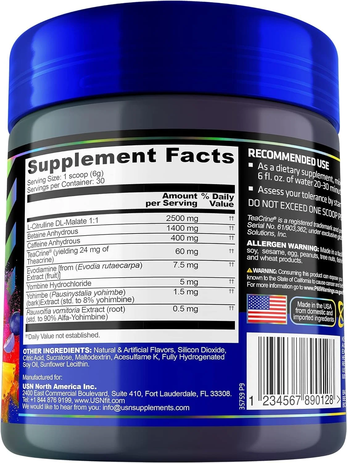 پودر مکمل قبل از تمرین USN 3XT Max برای انرژی، استقامت و پمپاژ، اکسید نیتریک، سیترولین، کافئین، بدون کراتین، پانچ میوه، 180 گرم