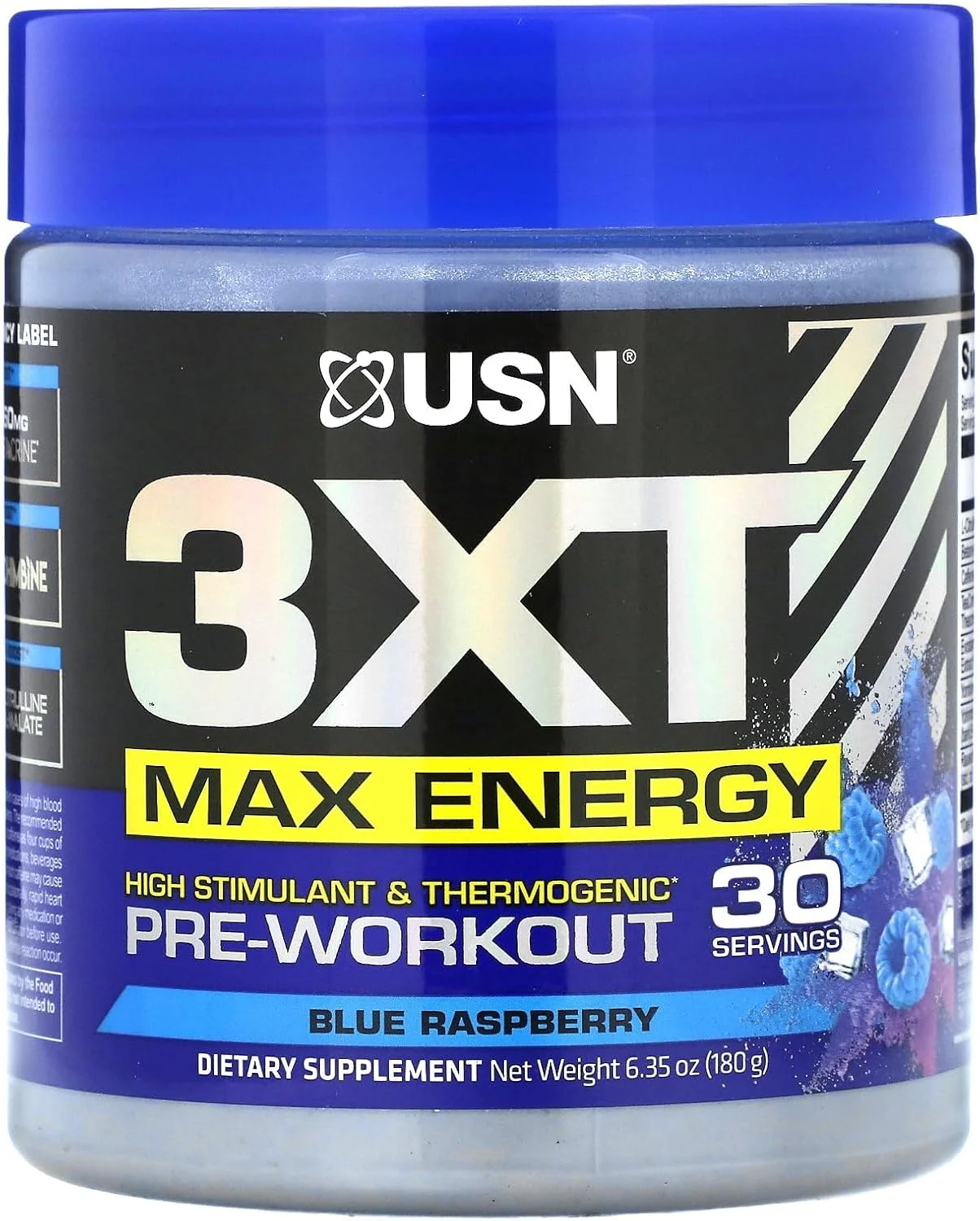 پودر مکمل قبل از تمرین USN 3XT Max Energy برای انرژی، استقامت و پمپ، مخلوط نوشیدنی قبل از تمرین، نیتریک اکسید، سیترولین، کافئین، بدون کراتین، تمشک آبی (30 سروینگ)