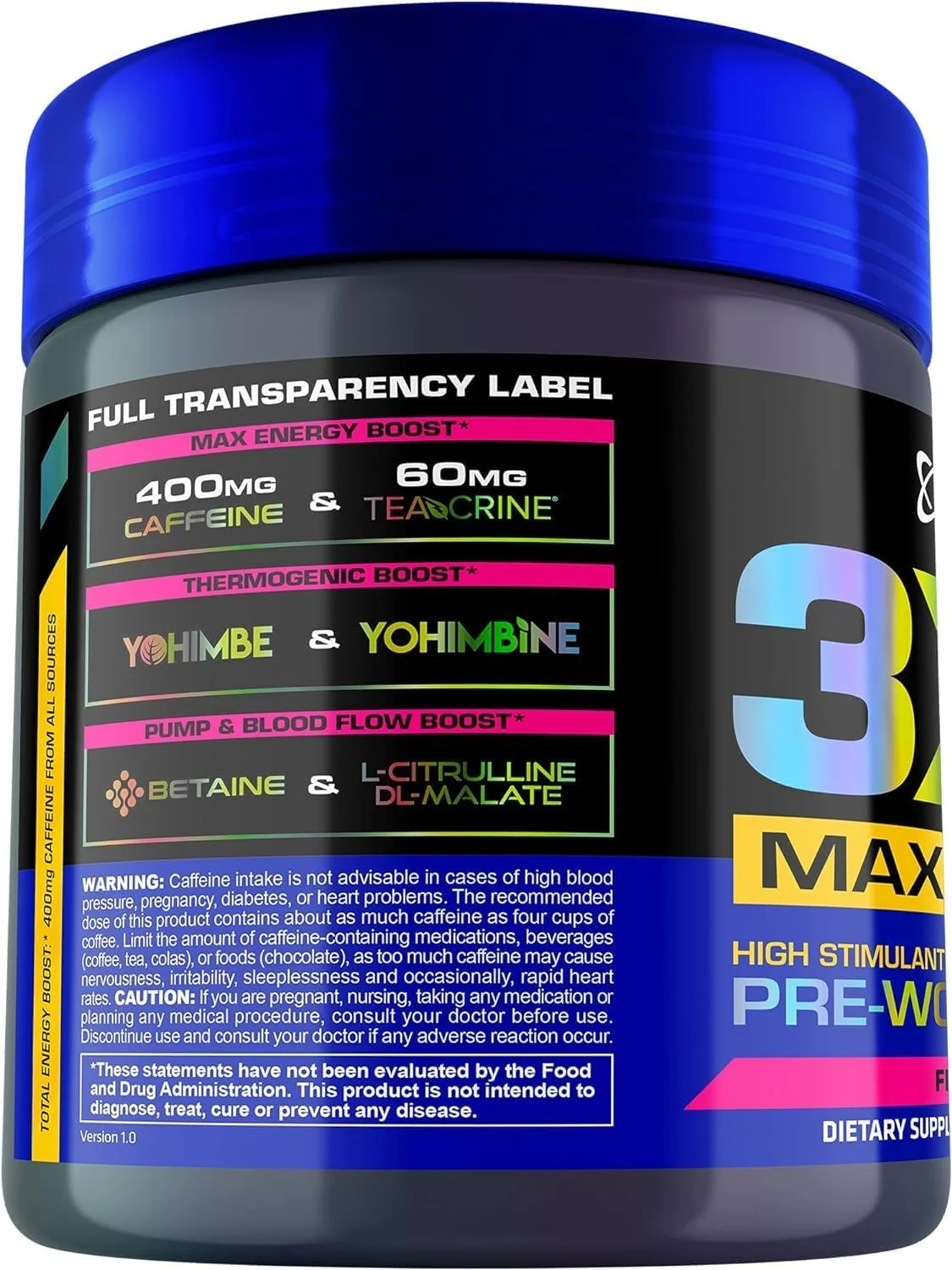 پودر مکمل قبل از تمرین USN 3XT Max برای انرژی، استقامت و پمپاژ، اکسید نیتریک، سیترولین، کافئین، بدون کراتین، پانچ میوه، 180 گرم