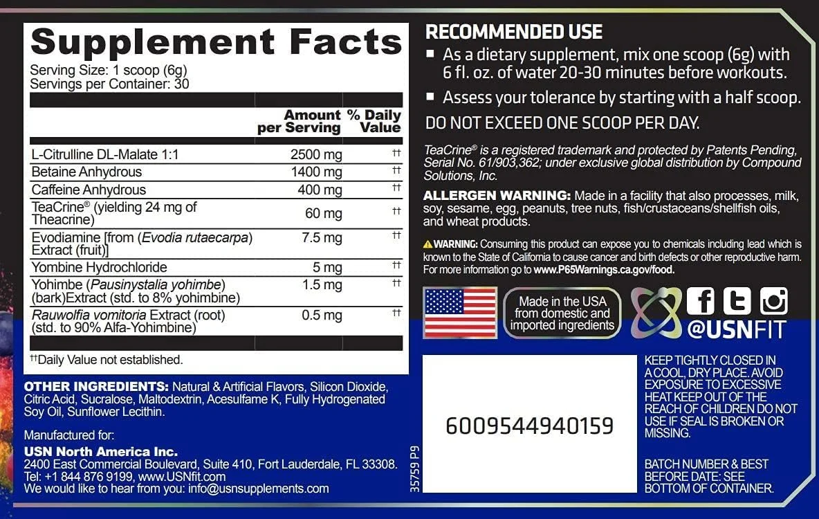پودر مکمل قبل از تمرین USN 3XT Max برای انرژی، استقامت و پمپاژ، اکسید نیتریک، سیترولین، کافئین، بدون کراتین، پانچ میوه، 180 گرم