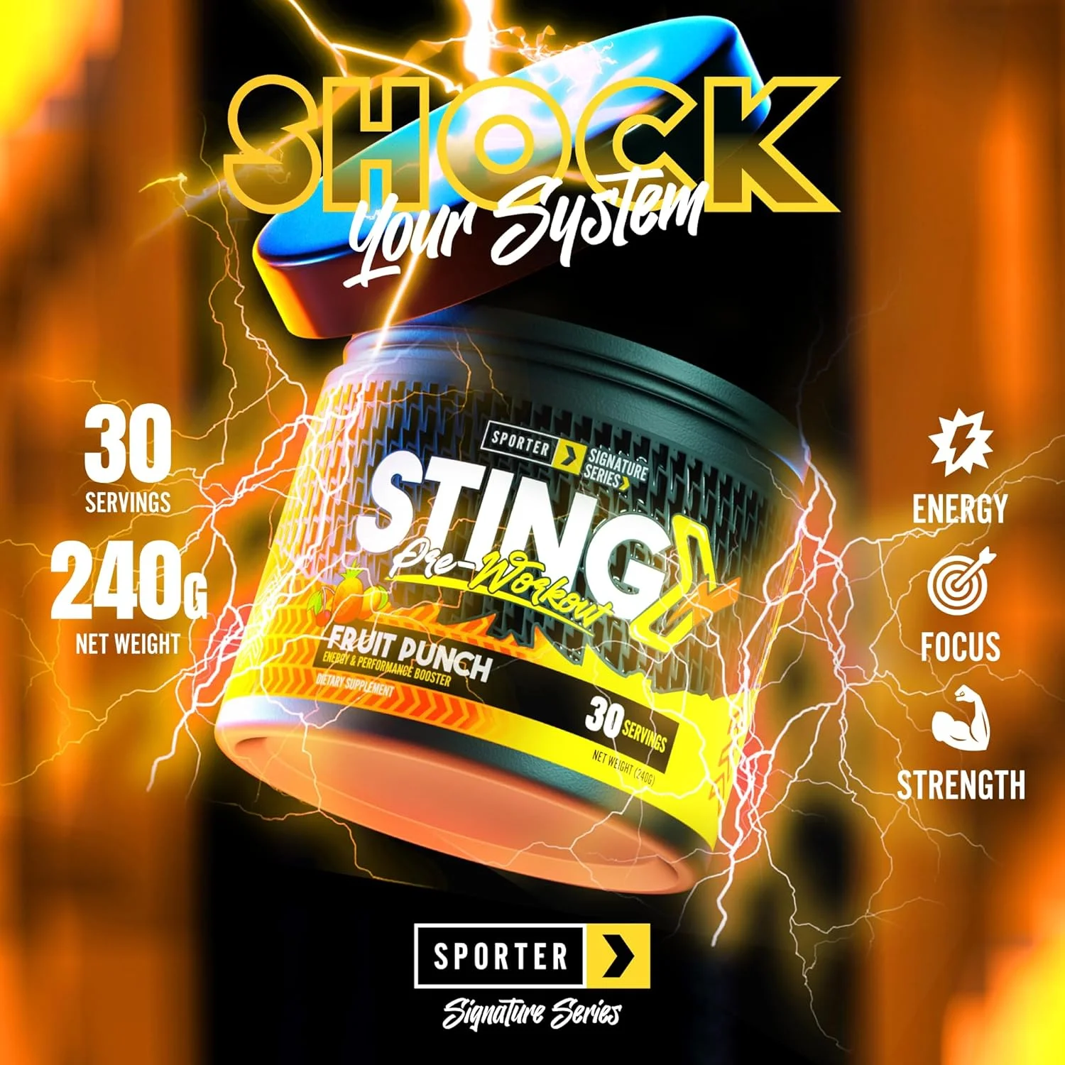 پودر مکمل قبل از تمرین Sporter Sting - برای انرژی، تمرکز و استقامت - پمپ عضلانی و پشتیبانی از عملکرد با ال-سیترولین، بتا آلانین، AKG (240 گرم، پانچ میوه)