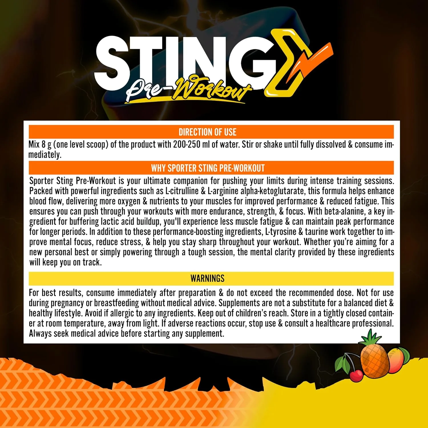 پودر مکمل قبل از تمرین Sporter Sting - برای انرژی، تمرکز و استقامت - پمپ عضلانی و پشتیبانی از عملکرد با ال-سیترولین، بتا آلانین، AKG (240 گرم، پانچ میوه)