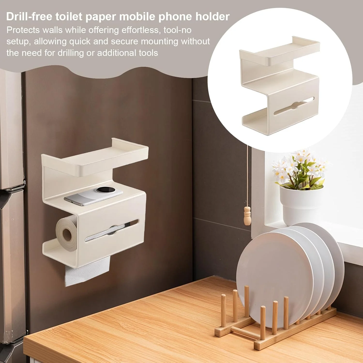 نگهدارنده کاغذ توالت با قفسه، بدون نیاز به سوراخکاری، دارای محفظه دستمال مرطوب - قفسه مدرن و کم جا برای خانه، کاروان، حمام مهمان، اتاق پودر و مصارف تجاری