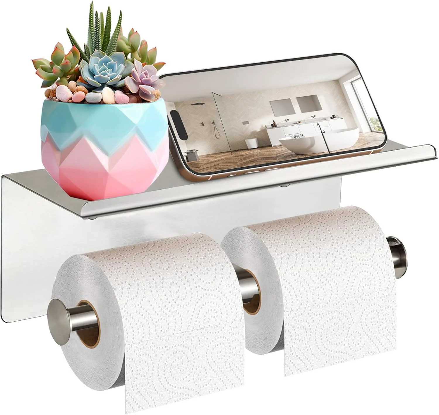 نگهدارنده دستمال توالت با قفسه، نگهدارنده دستمال توالت دیواری Aneder، جای دستمال کاغذی دو رول، نگهدارنده دستمال توالت حمام نقره ای