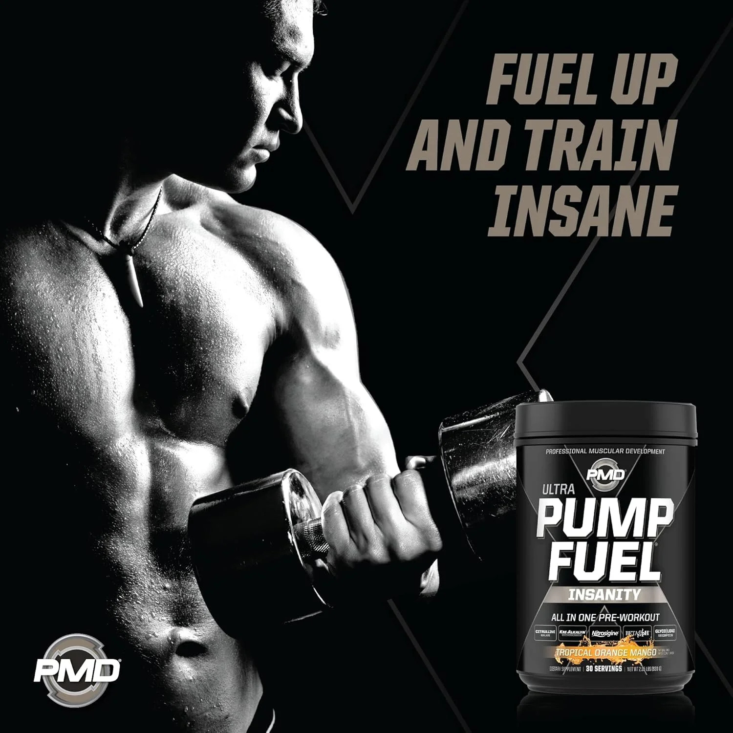 پودر قبل از تمرین و پمپ عضلانی PMD Sports Pump Fuel Ultra Insanity، انرژی شدید، تمرکز، استقامت و ریکاوری، کراتین و بتا آلانین ممتاز، انبه پرتقال استوایی (30 سروینگ)