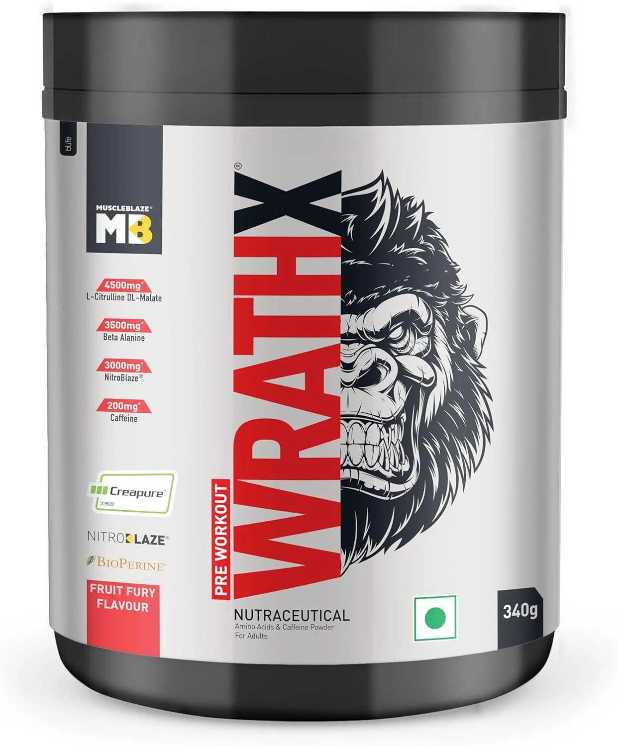 پودر قبل از تمرین MuscleBlaze Wrathx با Creapure، Enxtra و Bioperine (طعم میوه ای، 300 گرم، 30 سروینگ)
