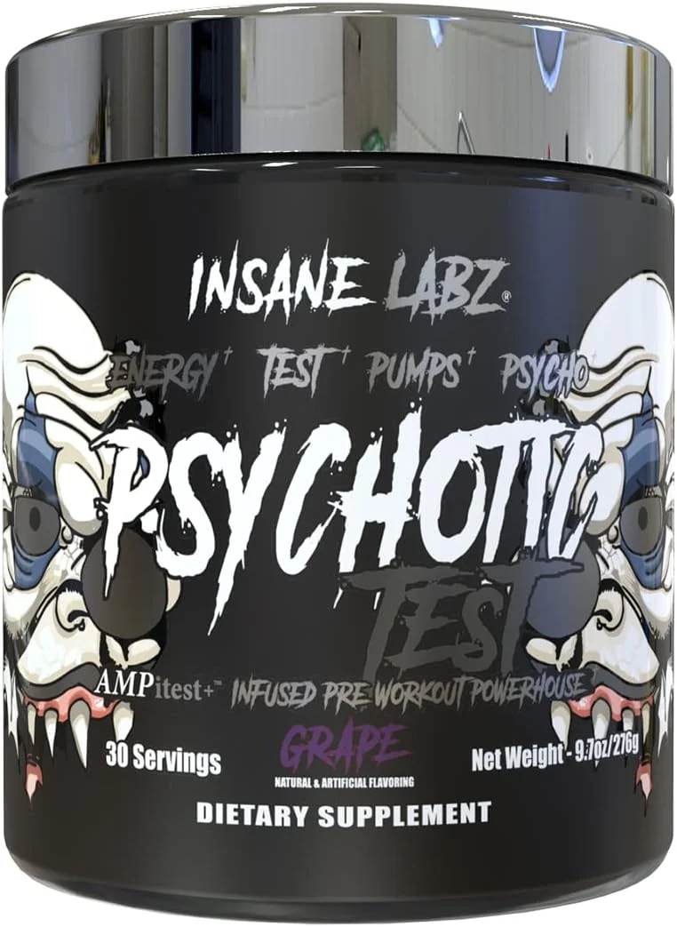 پودر قبل از تمرین افزایش دهنده انرژی و پمپ تستوسترون Insane Labz Psychotic Test با DMAE Bitartrate، D Aspartic Acid، کراتین HCL و گلیسرول مونواستئارات، 30 سروینگ، انگور