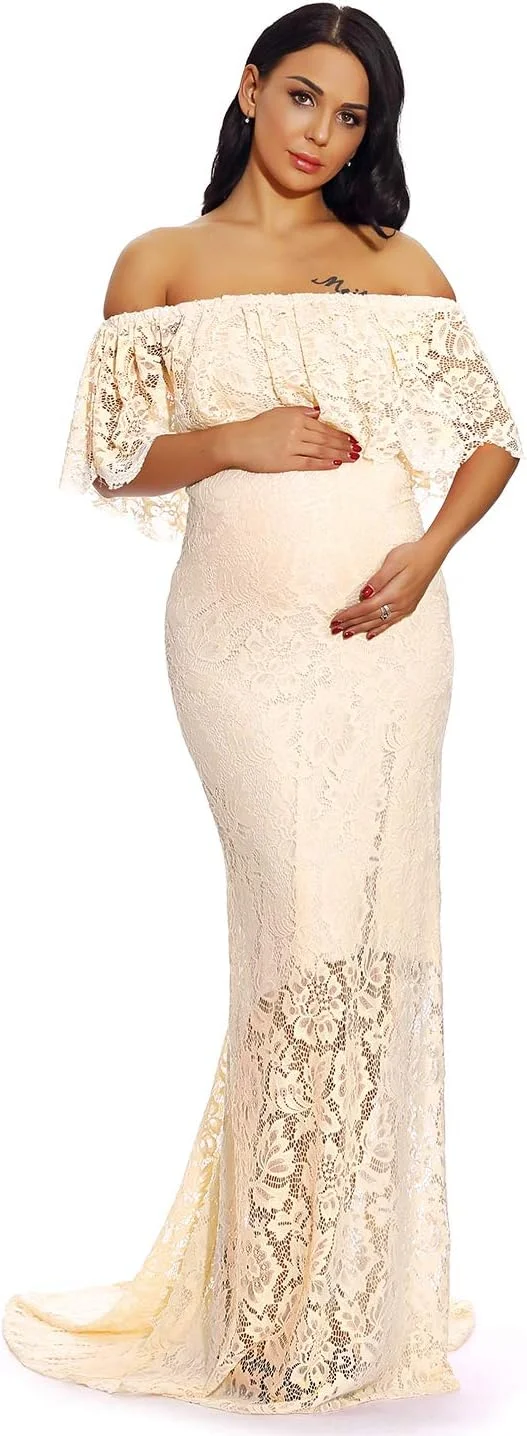 لباس بارداری توری ماکسی زنانه ZIUMUDY با آستین‌های افتاده و چین‌دار مناسب عکاسی و جشن نوزاد