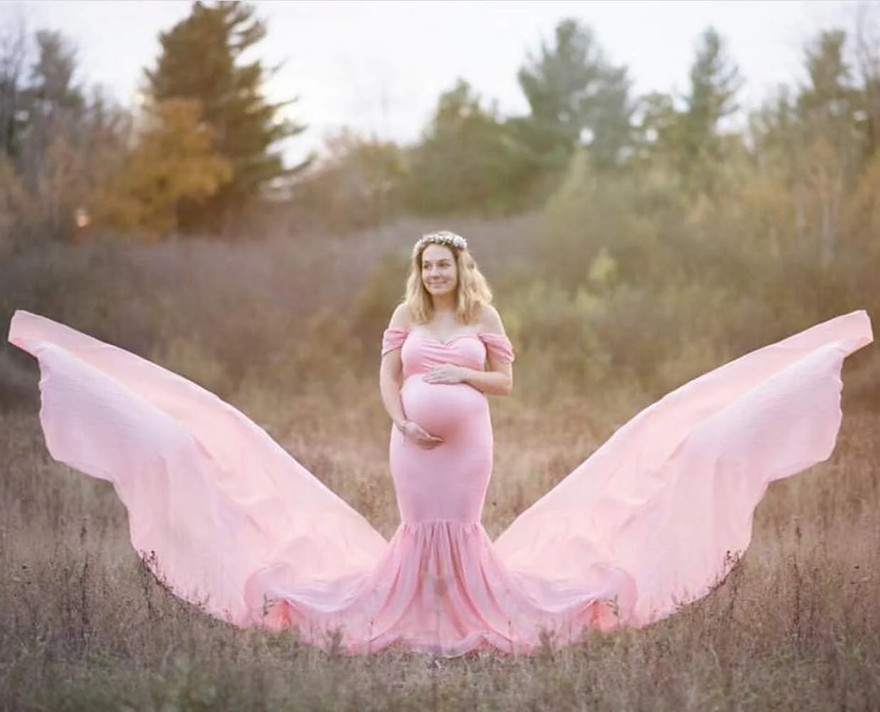 لباس بارداری ZIUMUDY، لباس ماکسی شیفون پری دریایی با سرشانه باز، مناسب برای عکاسی و جشن نوزاد، صورتی، سایز آزاد