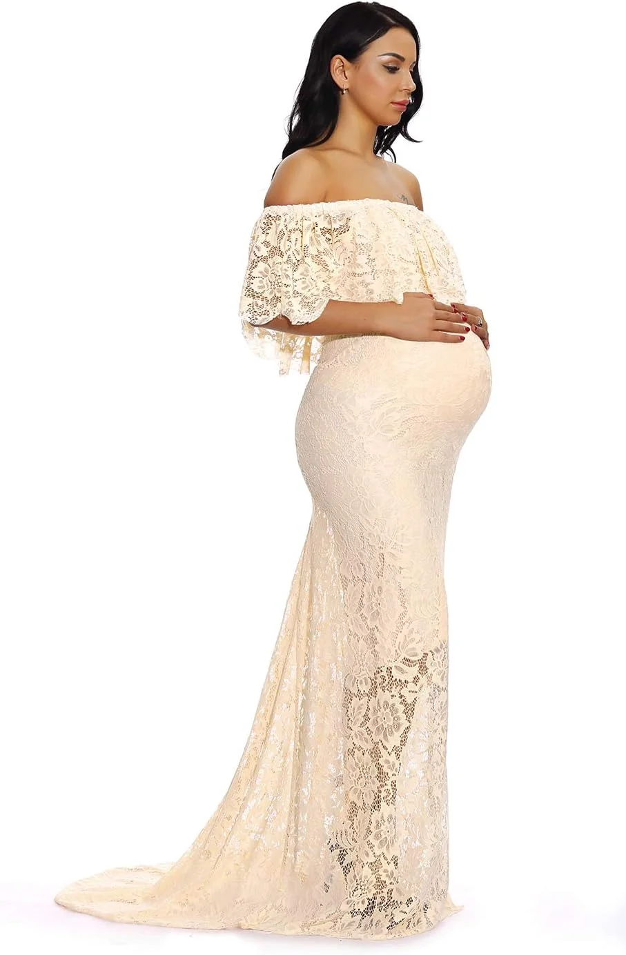 لباس بارداری توری ماکسی زنانه ZIUMUDY با آستین‌های افتاده و چین‌دار مناسب عکاسی و جشن نوزاد