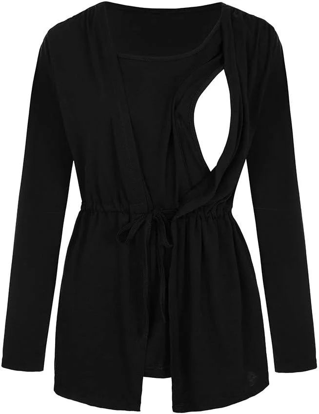 لباس بارداری زنانه Starryflashing، تاپ شیردهی بارداری، تاپ آستین بلند دولایه بارداری، تیشرت با کمربند، کت بلوز مشکی - XL لباس بارداری زنانه Starryflashing، تاپ شیردهی بارداری، تاپ آستین بلند دولایه بارداری، تیشرت با کمربند، کت بلوز مشکی - XL