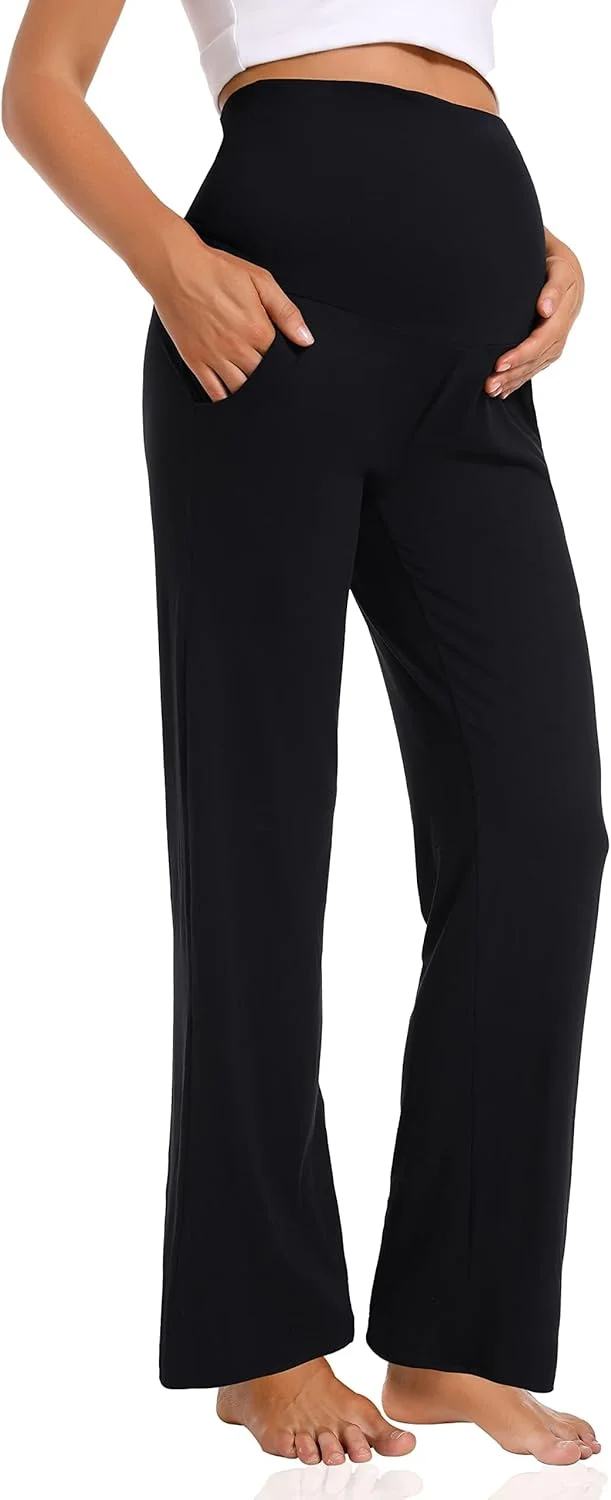 شلوار بارداری زنانه Uniiking®، گشاد، پاچه پهن، راحت، شلوار پالازو بارداری، شلوار راحتی با جیب، مشکی، L