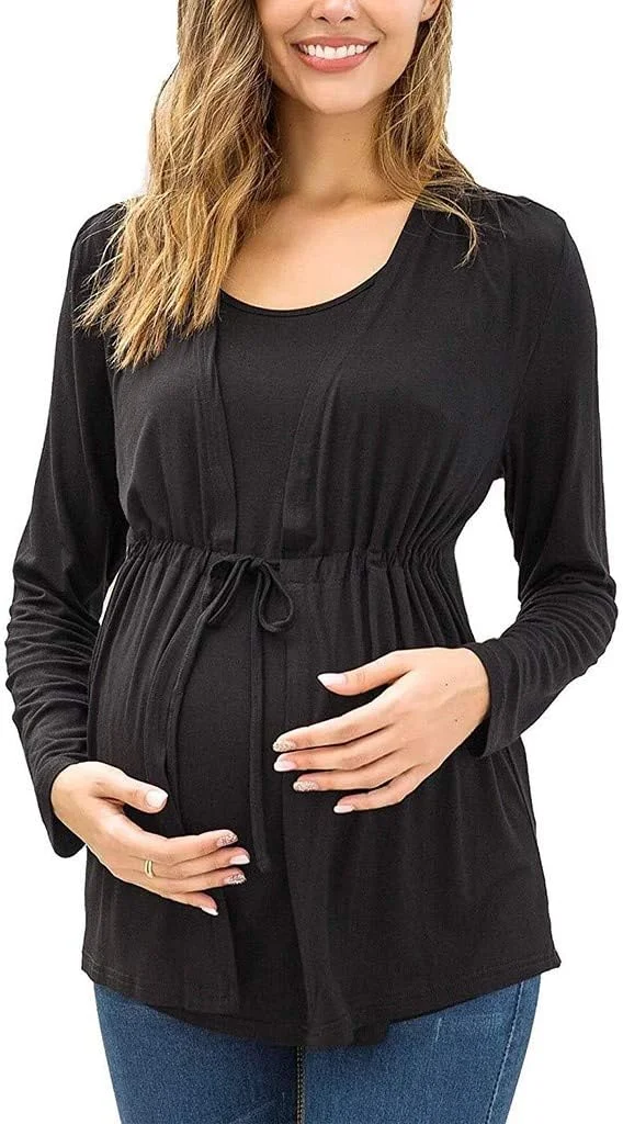 لباس بارداری زنانه Starryflashing، تاپ شیردهی بارداری، تاپ آستین بلند دولایه بارداری، تیشرت با کمربند، کت بلوز مشکی - XL لباس بارداری زنانه Starryflashing، تاپ شیردهی بارداری، تاپ آستین بلند دولایه بارداری، تیشرت با کمربند، کت بلوز مشکی - XL
