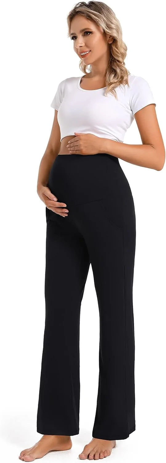 شلوار بارداری زنانه Uniiking®، گشاد، پاچه پهن، راحت، شلوار پالازو بارداری، شلوار راحتی با جیب، مشکی، L