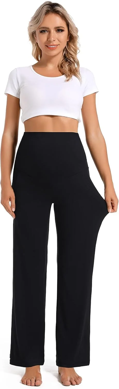 شلوار بارداری زنانه Uniiking®، گشاد، پاچه پهن، راحت، شلوار پالازو بارداری، شلوار راحتی با جیب، مشکی، L