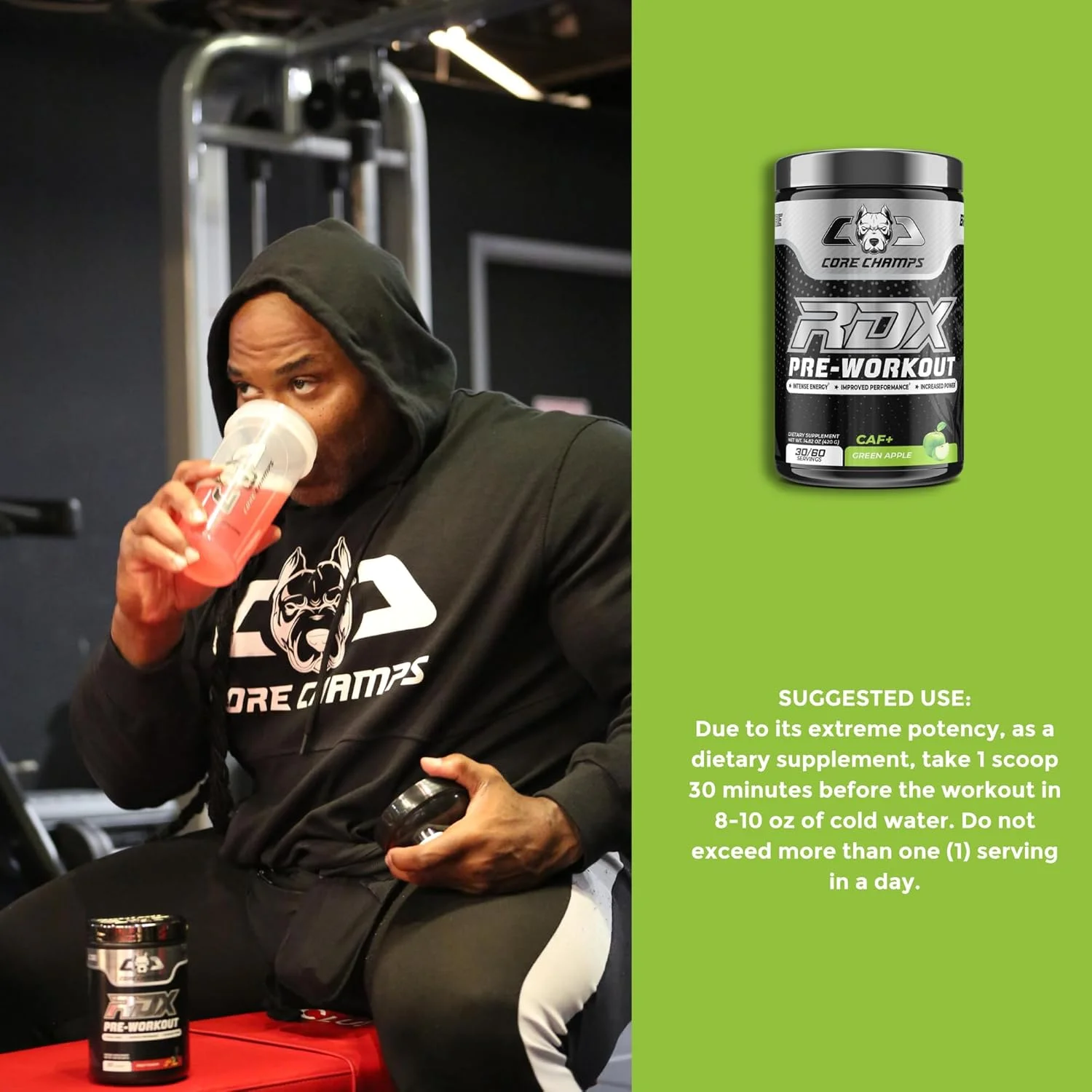 مکمل پیش از تمرین CORE CHAMPS RDX - 30/60 سروینگ | عملکرد بهبود یافته، افزایش قدرت | 21 گرم بتا آلانین، 21 گرم ال-سیترولین، 7 گرم ال-آرژنین، 7 گرم کراتین، 3.6 گرم ال-تورین، 2.9 گرم کافئین | انرژی، پمپ، تمرکز (سیب سبز) مکمل پیش از تمرین CORE CHAMPS RDX - 30/60 سروینگ | عملکرد بهبود یافته، افزایش قدرت | 21 گرم بتا آلانین، 21 گرم ال-سیترولین، 7 گرم ال-آرژنین، 7 گرم کراتین، 3.6 گرم ال-تورین، 2.9 گرم کافئین | انرژی، پمپ، تمرکز (سیب سبز)