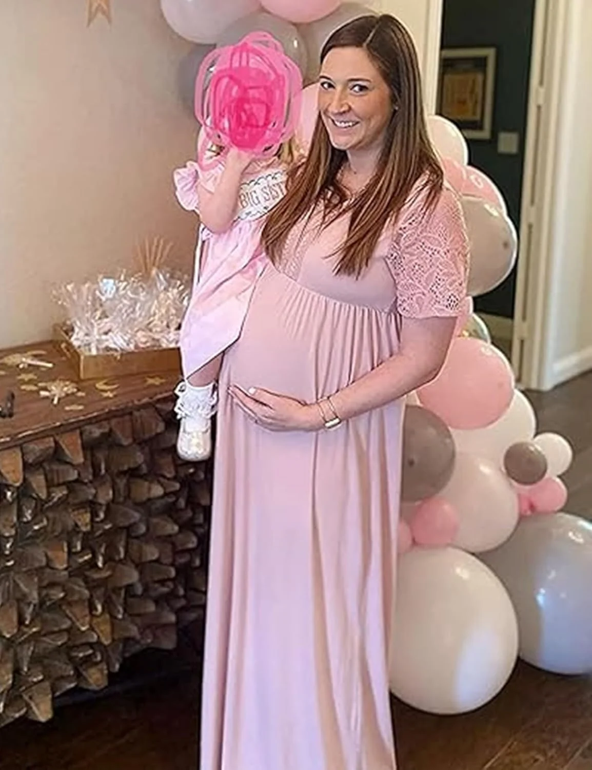 لباس بارداری یقه توری، لباس ماکسی بارداری آستین کوتاه توری مناسب برای جشن نوزاد و عکاسی بارداری