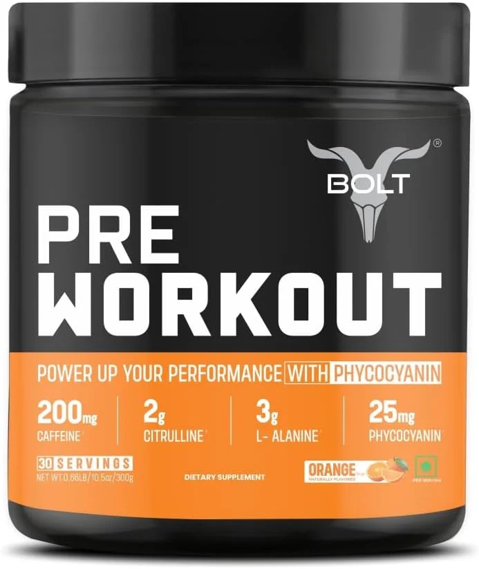 مکمل قبل از تمرین Bolt Nutrition با پودر کافئین، سیترولین مالات، بتا آلانین، تورین برای انرژی انفجاری، پمپ و تمرکز 300 گرم، 30 سروینگ با طعم پرتقال