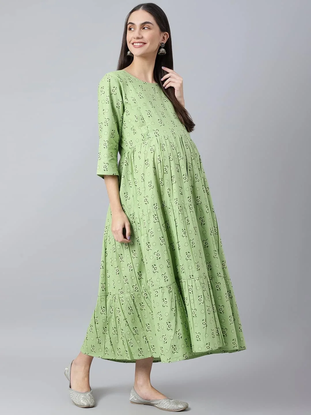 لباس بارداری نخی زنانه نگن با طرح گل و زیپ برای شیردهی آسان - استایل غربی مناسب قبل و بعد از بارداری