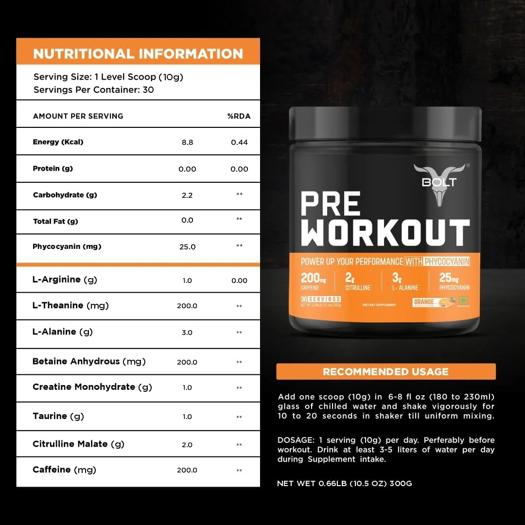 مکمل قبل از تمرین Bolt Nutrition با پودر کافئین، سیترولین مالات، بتا آلانین، تورین برای انرژی انفجاری، پمپ و تمرکز 300 گرم، 30 سروینگ با طعم پرتقال مکمل قبل از تمرین Bolt Nutrition با پودر کافئین، سیترولین مالات، بتا آلانین، تورین برای انرژی انفجاری، پمپ و تمرکز 300 گرم، 30 سروینگ با طعم پرتقال