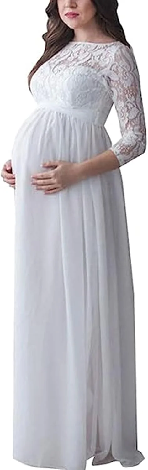Miolasay Maternity Dress for Photography Chiffon Off-Shoulder Elegant Gown Front Split Long Pregnancy Dresses for Photoshoot