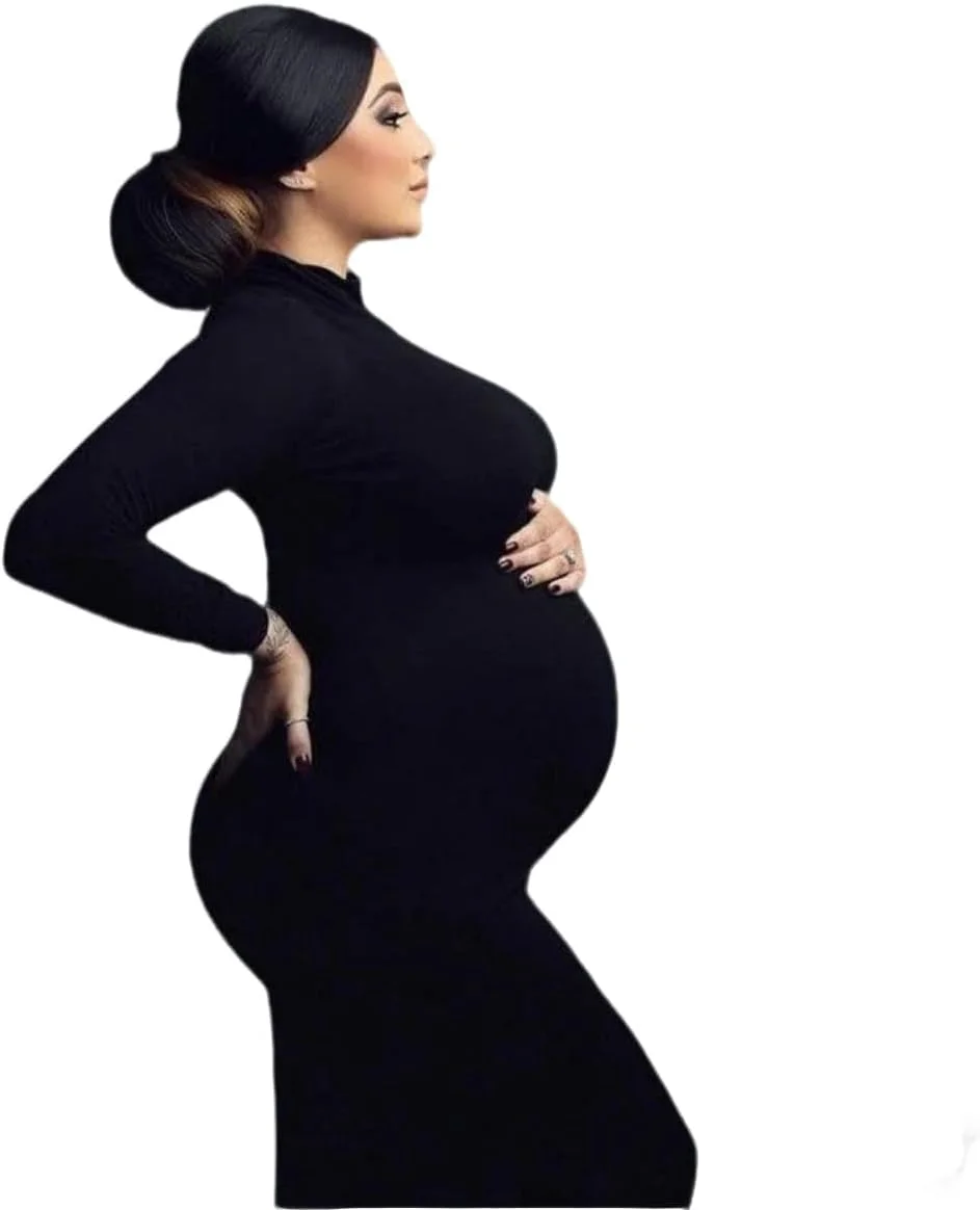 پیراهن بارداری آستین بلند، لباس بارداری زنانه، یقه اسکی جذب و کشسان، مناسب استفاده روزمره